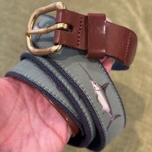 Leather Man Ltd. Blue Swordfish Ribbon Belt Brass Canvas Leather Sz 48 Made USA
